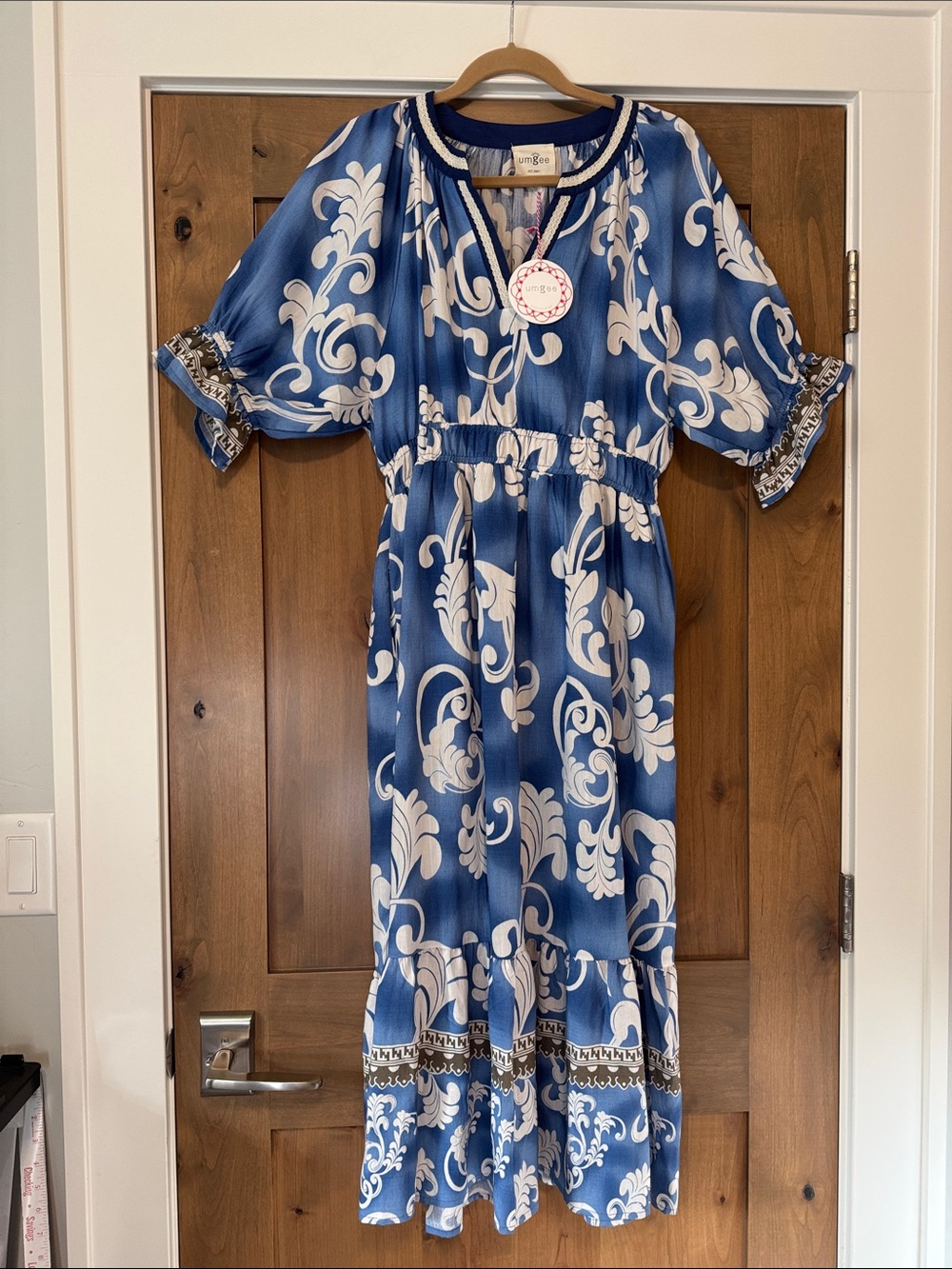 NEW UMGEE Blue scroll Midi Maxi dress Womens L Puff sleeve cottagecore crochet